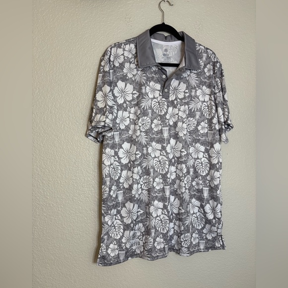 Disc Golf Unlimited Luau Mens Hawaiian Polo Grey - Picture 6 of 8
